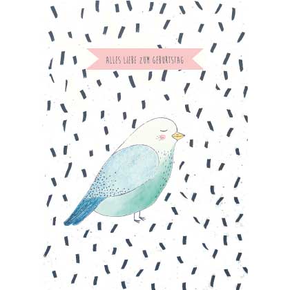 Geburtstagskarte Glückwunschkarte zum Geburtstag Blau/Rosa Spatz Herzlichen Glückwunsch Vogel Illustration